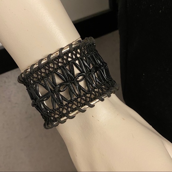 Braided Black Leather Cuff Bracelet BOHO Macrame - Picture 3 of 5